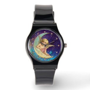 MOON ANGEL IN BLUE GOLD YELLOW SPARKLES HORLOGE