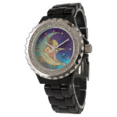 MOON ANGEL IN BLUE GOLD YELLOW SPARKLES HORLOGE (Gekanteld)