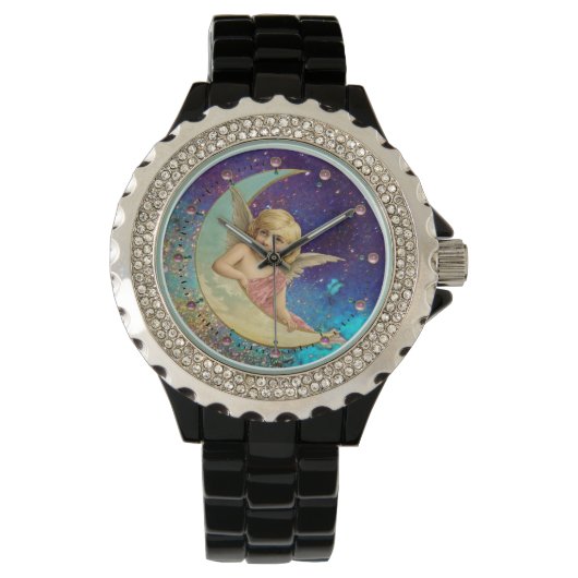 MOON ANGEL IN BLUE GOLD YELLOW SPARKLES HORLOGE (Voorkant)