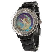 MOON ANGEL IN BLUE GOLD YELLOW SPARKLES HORLOGE (Gekanteld)