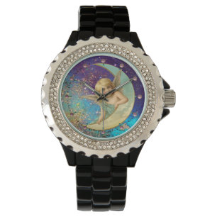 MOON ANGEL IN BLUE GOLD YELLOW SPARKLES HORLOGE