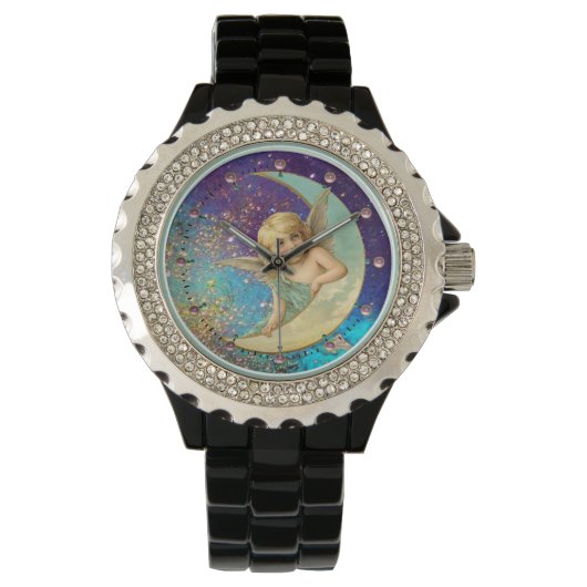 MOON ANGEL IN BLUE GOLD YELLOW SPARKLES HORLOGE (Voorkant)
