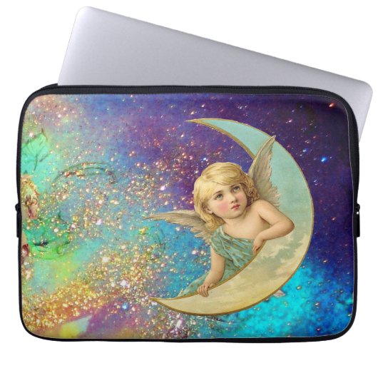 MOON ANGEL IN BLUE GOLD YELLOW SPARKLES LAPTOP SLEEVE (Voorkant)