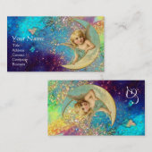 MOON ANGEL IN BLUE GOLD YELLOW SPARKLES MONOGRAM VISITEKAARTJE (Voorkant / Achterkant)