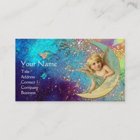 MOON ANGEL IN BLUE GOLD YELLOW SPARKLES MONOGRAM VISITEKAARTJE (Voorkant)