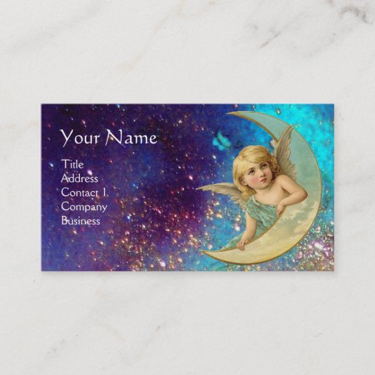 MOON ANGEL IN BLUE GOLD YELLOW SPARKLES MONOGRAM VISITEKAARTJE (Voorkant)