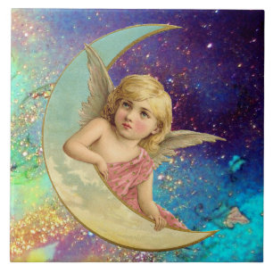 MOON ANGEL IN BLUE GOLD YELLOW SPARKLES TEGELTJE
