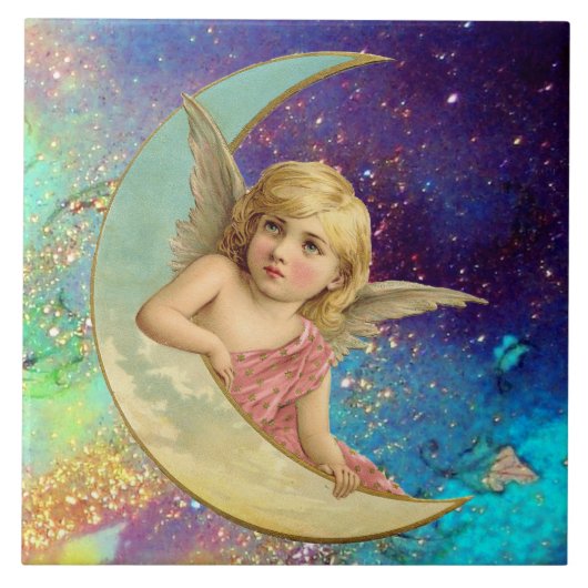 MOON ANGEL IN BLUE GOLD YELLOW SPARKLES TEGELTJE (Voorkant)