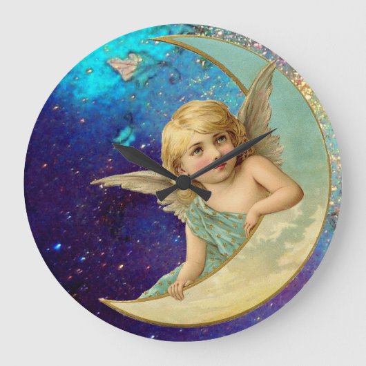 MOON ANGEL IN GOLD BLUE SPARKLES GROTE KLOK (Voorkant)