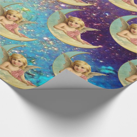 MOON ANGEL IN PINK, BLUE GOLD YELLOW SPARKLES CADEAUPAPIER (Hoek)