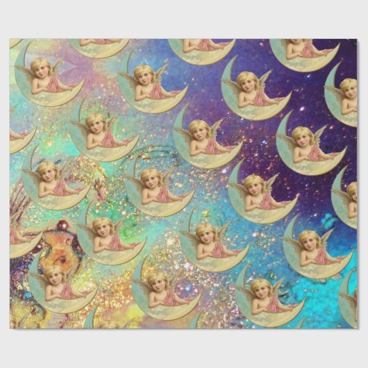 MOON ANGEL IN PINK, BLUE GOLD YELLOW SPARKLES CADEAUPAPIER (Vlak)
