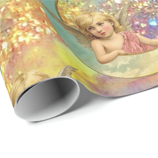MOON ANGEL IN PINK, BLUE GOLD YELLOW SPARKLES CADEAUPAPIER (Rol Hoek)