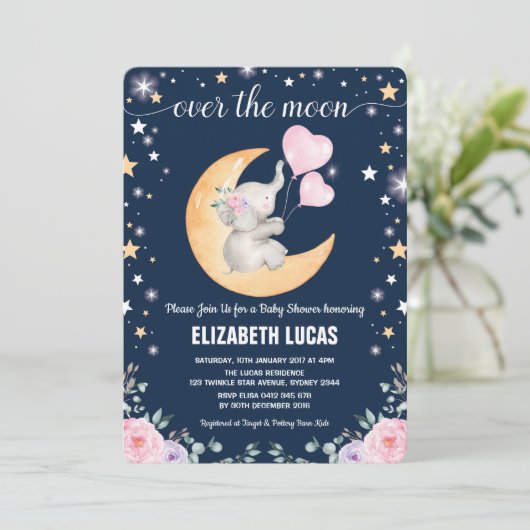 Moon Baby shower / Girly Elephant Twinkle Star Kaart (Staand voorkant)