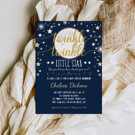 Moon Baby shower Twinkle Little Star Navy Gold Kaart
