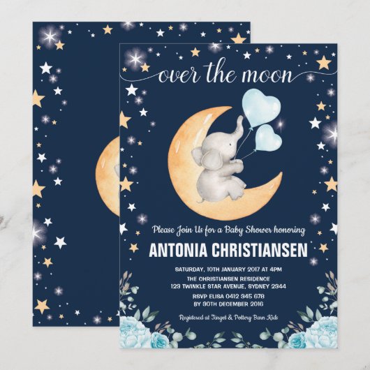 Moon Baby shower / Twinkle Star Elephant Baby Boy Kaart (Voorkant / Achterkant)