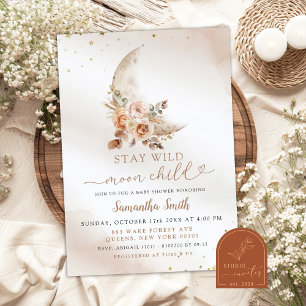 Moon Beige Boho Floral Girl Baby shower Kaart