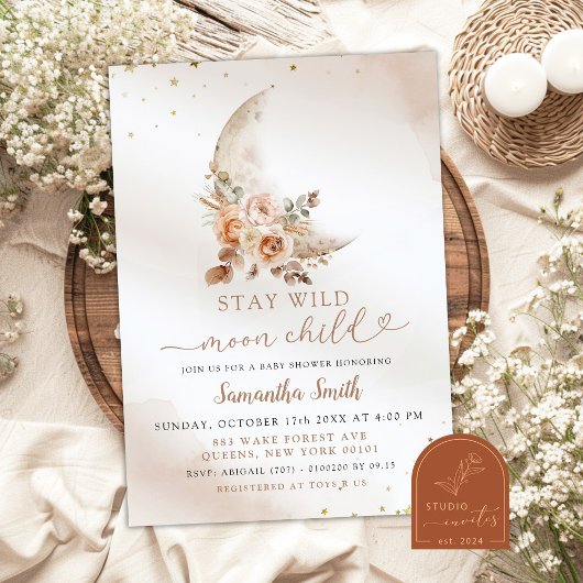 Moon Beige Boho Floral Girl Baby shower Kaart
