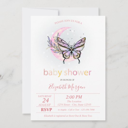 Moon Butterfly Dotted Baby shower Invitation Kaart (Voorkant)