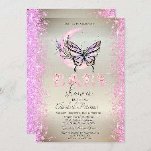 Moon Butterfly Glitter Confetti Baby shower Kaart (Voorkant / Achterkant)