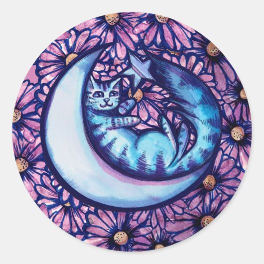 Moon Cat Flowers daisy Mooncat art kitty cats maan Ronde Sticker (Voorkant)