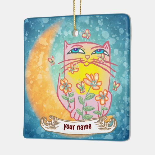 Moon Cat Flowers Keramisch Ornament (Links)