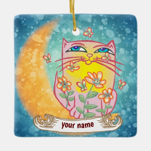 Moon Cat Flowers Keramisch Ornament (Voorkant)