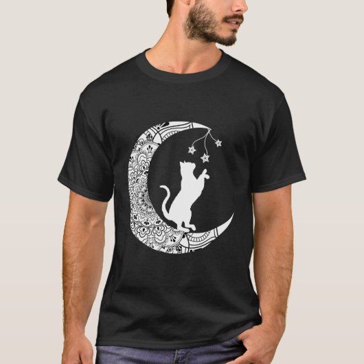 Moon Cat Playful Funny Cat Mandala Crescent Moon W T-shirt (Voorkant)