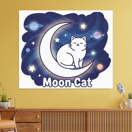 Moon Cat Wall Art – Magical Cat on Crescent Moon P Canvas Afdruk (Insitu (Woonkamer))