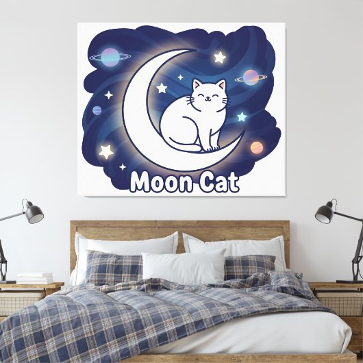 Moon Cat Wall Art – Magical Cat on Crescent Moon P Canvas Afdruk (Insitu (Slaapkamer))