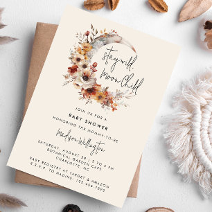 Moon Child Neutral Boho Florals Baby shower Kaart