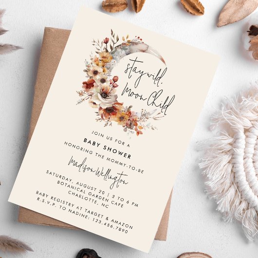 Moon Child Neutral Boho Florals Baby shower Kaart