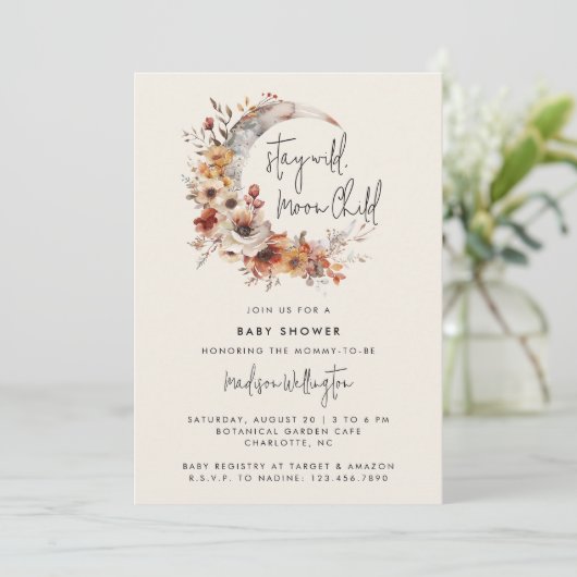Moon Child Neutral Boho Florals Baby shower Kaart (Staand voorkant)
