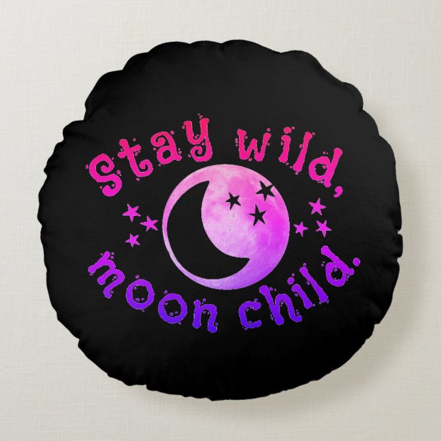 Moon Child Stay Wild Roze Zwarte Sterren Galaxy Rond Kussen (Voorkant)