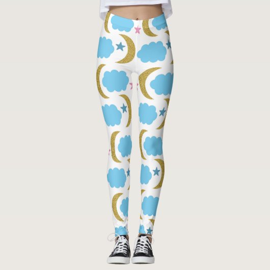 Moon Cloud Stars Faux Gold Glitter Pattern Leggings (Voorkant)