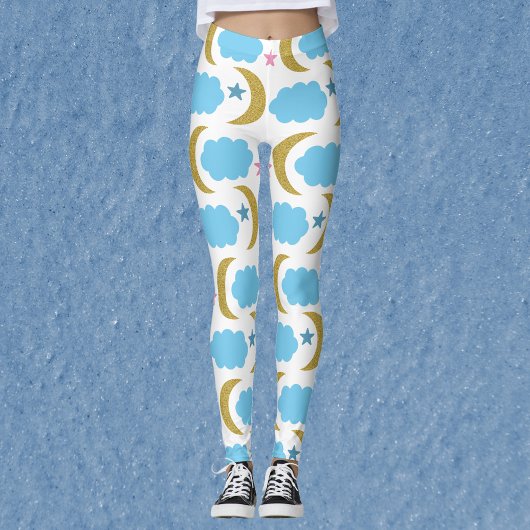 Moon Cloud Stars Faux Gold Glitter Pattern Leggings