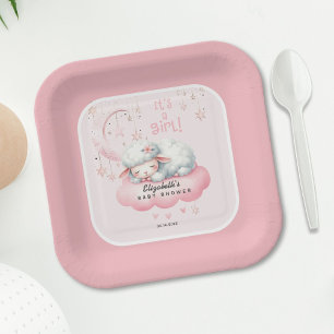 Moon Clouds Pink Lamb Baby shower Papieren Bordje
