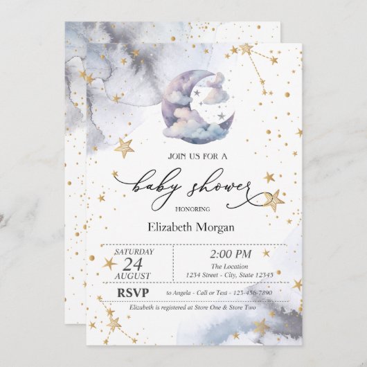 Moon Clouds Stars Baby Shower Kaart (Voorkant / Achterkant)