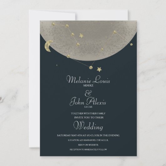Moon Constellation Gold Celestial Blue Wedding Kaart (Voorkant)
