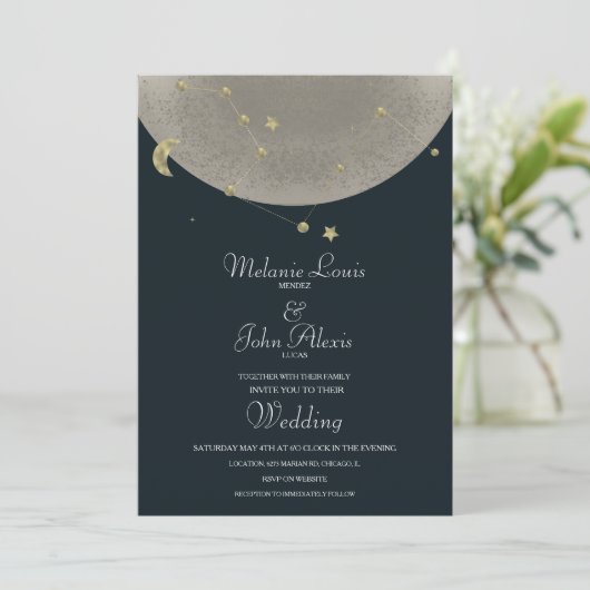 Moon Constellation Gold Celestial Blue Wedding Kaart (Staand voorkant)