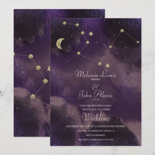 Moon Constellation Gold Foil Celestial Wedding Kaart (Voorkant / Achterkant)