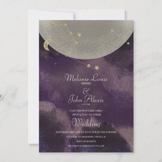 Moon Constellation Gold Paarse Celestial Wedding Kaart (Voorkant)