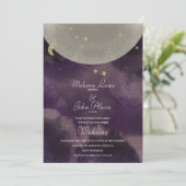Moon Constellation Gold Paarse Celestial Wedding Kaart (Staand voorkant)