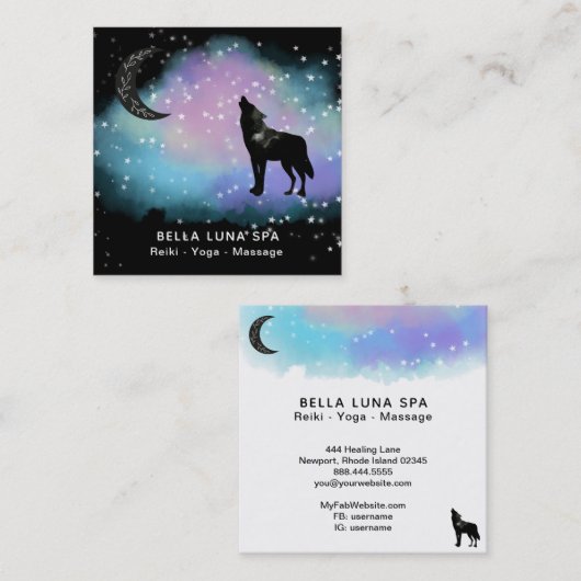 *~* Moon Cosmic . Howling Wolf Rainbow Shaman Vierkante Visitekaartje (Voorkant / Achterkant)