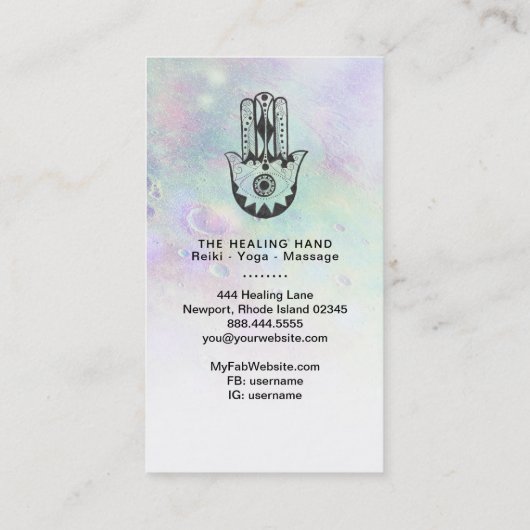 ** Moon Craters Hamsa Hand van Fatima Rainbow Visitekaartje (Achterkant)
