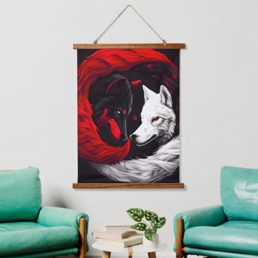 Moon Crimson Red White Wolf Hangend Wandkleed (Woonkamer)