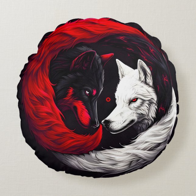 Moon Crimson Red White Wolf Rond Kussen (Voorkant)