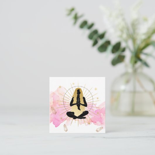 *~* Moon Crystals Cosmic Black Goddess Gold Rays  Vierkante Visitekaartje (Staand voorkant)