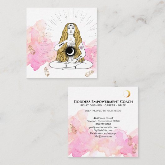 *~* Moon Crystals Cosmic Luna Goddess Gold Rays Vierkante Visitekaartje (Voorkant / Achterkant)