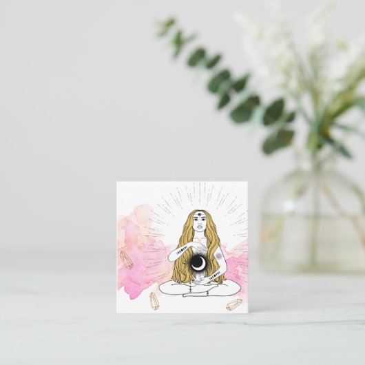 *~* Moon Crystals Cosmic Luna Goddess Gold Rays Vierkante Visitekaartje (Staand voorkant)