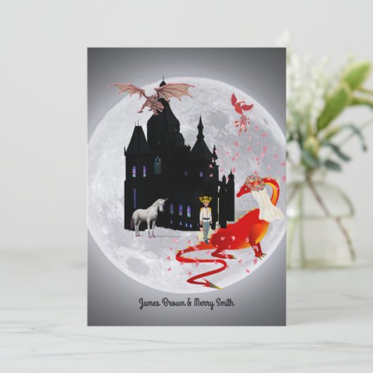 Moon Dragon Prince Unicorn Phoenix Castle Wedding Kaart (Staand voorkant)